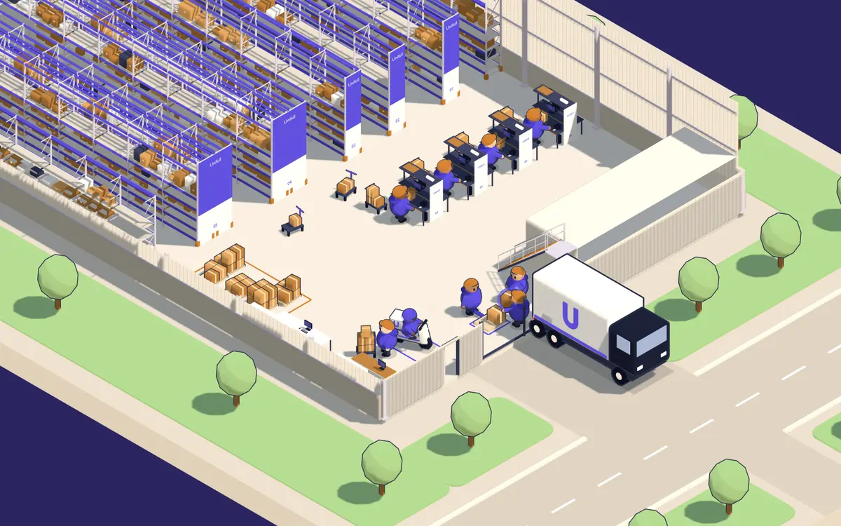 Recreación 3D del interior del depósito Unifull en Pacheco: racks, puestos de armado y el portón con un camión.